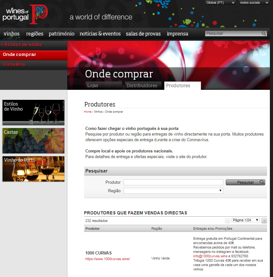 Site da ViniPortugal listando quem vende